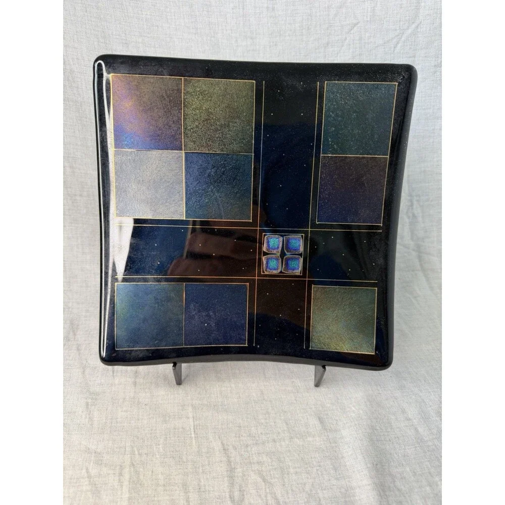 Vintage Signed Barrett Fused Glass Iridescent Decorative Plate Trinket W/Stand
